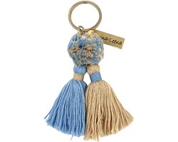 Luna-Leena duurzame dubbele kwasten sleutelhanger/ tas bedel van bio katoen - blauw/zand - L12cm incl ring - handgemaakt in Nepal - kwast - keychain twin tassel - cadeau - boho - Ibiza - bohemian - moederdag - bag charm