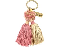 Luna-Leena duurzame dubbele kwasten sleutelhanger/ tashanger van bio katoen -pink/zand - L10cm incl ring - handgemaakt in Nepal - kwast - keychain twin tassel - cadeau - boho - Ibiza - bohemian - moederdag