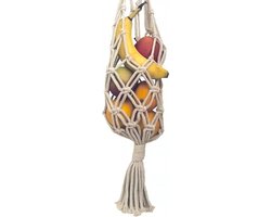 Luna-Leena duurzame macramé fruit / opberg hanger van katoen - gebroken wit - handgemaakt in Nepal - plantenhanger - fruitmand - L 65 cm - opbeger - keukendecoratie - moederdag