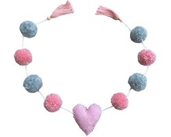 Luna-Leena duurzame pompom hart slinger - roze/grijs - L75cm - 100% wol pompom 3ø cm - handgemaakt in Nepal, roze, grijs, party slinger, heart, garland, verjaardag, babyshower, kerstster, cadeau, geboorte