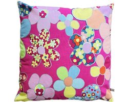 Luna-Leena duurzame sierkussen met hippie bloemen print + binnenkussen - roze met veel kleur - 45x45cm - katoen & gerecycled binnenkussen - handgemaakt in Nepal - flowers - kids pillow - kinderkamer - woonkamer - bank kussen