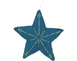 Luna-Leena duurzame ster hanger - blauw en goud draad - vilt wol - handgemaakt in Nepal - petrol - star hanger - kersthanger - kerstster - kerstcadeau - kerstboom hanger - cadeau - kado - kerst gift - kerstfeest - kersdecoratie