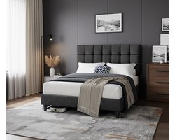 Luna Luxe Gestoffeerd Bed 140x200 cm – Tweepersoonsbed met Verstelbaar Hoofdbord – Stabiel Metalen Bedframe met Lattenbodem – Modern Stoffen Bed – Donkergrijs Depauwwonen