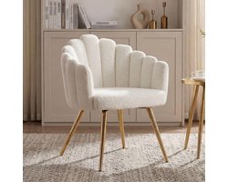 Luna Luxe Imitatiebont Fauteuil 52x46x79 cm – Zachte Witte Lounge Stoel met Armleuningen en Gouden Metalen Poten voor Woonkamer, Slaapkamer of Kaptafel