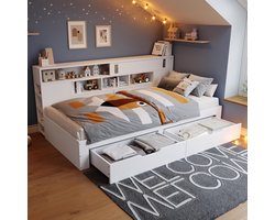 Luna Multi-Storage Daybed – Luxe Kinderbed en Slaapbank met Boekenkast, Schuifdeuren en Dubbele Laden – 90x200 cm – Ruimtebesparend Wit Design