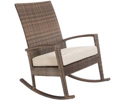 Luna Rocking chair - Schommelstoel buiten - Bruin poly rattan - Kaki Kussen - Tuinstoel schommelstoel - tuinmeubelen - loungemeubel outdoor voor terras, balkon, wintertuin