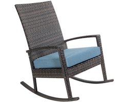 Luna Rocking chair - Schommelstoel buiten - Donker bruin poly rattan - Blauw Kussen - Tuinstoel schommelstoel - tuinmeubelen - loungemeubel outdoor voor terras, balkon, wintertuin