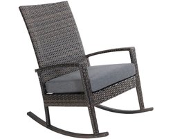 Luna Rocking chair - Schommelstoel buiten - Donker bruin poly rattan - Grijs Kussen - Tuinstoel schommelstoel - tuinmeubelen - loungemeubel outdoor voor terras, balkon, wintertuin