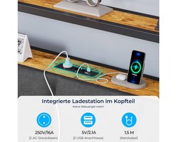 LunaCharge Luxe Opbergbed 140x200 cm met LED, USB & Stopcontacten, Metalen Bedframe met Lattenbodem en 2 Laden – Modern Tweepersoonsbed Grijs