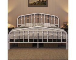LunaCrown Vintage Metalen Bedframe 160x200 cm met Kroonvormig Hoofdeinde, Robuust Tweepersoonsbed met 32 cm Opbergruimte, Stevig Stalen Frame met 12 Latten en 9 Poten, Piepbestendig & Eenvoudige Montage