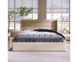 LunaHydro Luxe Gestoffeerd Opbergbed 140x200 cm met Hydraulisch Systeem, Metalen Frame & Houten Lattenbodem, Beige Tweepersoonsbed met Hoofdbord en Grote Opbergruimte