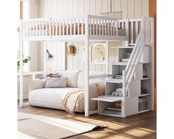 LunaLoft Hoogslaper 140x200 cm met Opbergladder en Veiligheidsrand – Massief Grenenhouten Hoog Bedframe 252x147x181 cm – Modern Wit Design voor Kinderen, Tieners en Volwassenen