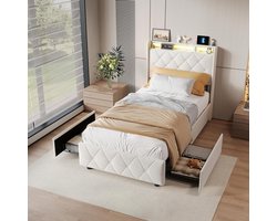 LunaLux Velvet Opbergbed 90x200 cm met LED Verlichting, USB Aansluiting en 4 Lades – Gestoffeerd Bedframe met Hoofdbord en Lattenbodem, Beige