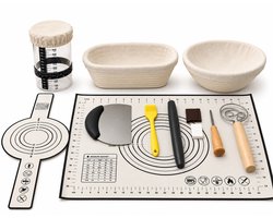 LunaLuxa Zuurdesem Starter Set – Broodbak Set – 2 Rijsmandjes Rond en Ovaal – Starter Pot – Deegschraper – Deegsnijder – Broodslinger – Siliconen Bakmat