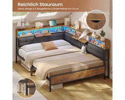 LunaNova Smart Slaapbank 140x200 cm met LED, USB & 6 Opbergvakken – Gestoffeerd Dagbed met Lattenbodem, Stopcontacten en Moderne Opbergruimte – Grijs