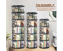 LunaSpin 360° Draaibare Boekenkast 5 Niveaus – 45x45x163 cm Ruimtebesparende Staande Boekenkast met Rotatiefunctie, Houten Kinderboekenkast & Opbergkast voor Woonkamer, Slaapkamer en Kinderkamer Zwart