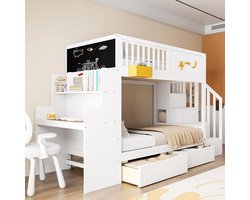 LunaStar Loft Hoogslaper 90x200 cm met Bureau, Boekenkast, Opberglades en Trap met Opbergruimte – Moderne Houten Kinder Hoogslaper met Veiligheidshek en Sterrenmotief – Wit