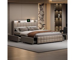LunaStorage LED Bed 180x200 cm met 4 Lades, USB-poort & Hoofdbord – Luxe Gestoffeerd Tweepersoonsbed met Opbergruimte, Sterk Metalen Frame en Sfeerverlichting – Beige