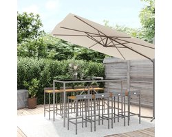 Lunavera Luxe 9-Delige Tuinbarset 180 cm Tafellengte, Grijs Poly Rattan & Acacia Hout, Outdoor Bartafelset met Geharde Glazen Tafel en 8 Stoelen voor Tuin en Terras