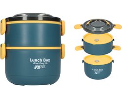 Lunchbox - 2-in-1 - Vershouddoos - RVS vershoudbakjes - Lucht- en waterdicht - Voor warm en koud eten - Inhoud van 1,6L - Groot formaat - Met deksels en lepel! - Blauw/Geel
