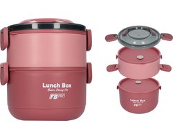 Lunchbox - 2-in-1 - Vershouddoos - RVS vershoudbakjes - Lucht- en waterdicht - Voor warm en koud eten - Inhoud van 1,6L - Groot formaat - Met deksels en lepel! - Rood