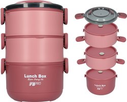 Lunchbox - 3-in-1 - Vershouddoos - RVS vershoudbakjes - Lucht- en waterdicht - Voor warm en koud eten - Inhoud van 2,2L - Groot formaat - Met deksels en lepel! - Rood