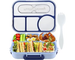 Lunchbox - Broodtrommel - 1100 ml - Lunchbox met vakjes - 4 compartimenten - Lunchboxen - Lunchbox voor Volwassenen en Kinderen - Onbreekbaar - BPA-vrije - Ideaal voor School, Werk en Reizen - Blauw