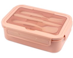 Lunchbox - Broodtrommel - 3 Compartimenten - Met mes, vork en lepel - Lunchtrommel - Bento Box - Roze - Kunststof - 20.5*13.2*7cm - Voor Volwassenen En Kinderen - Voor School, Werk, Picknick, Reizen - Bpa Vrij - Lekvrij - Brooddoos