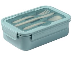 Lunchbox - Broodtrommel - 3 Compartimenten - Met mes, vork en lepel - Volwassenen En Kinderen - Voor School, Werk, Picknick, Reizen - Blauw - Kunststof - 20.5*13.2*7cm - Brooddoos - Lunchtrommel