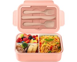 Lunchbox-broodtrommel met vakken, bestek voor kinderen en volwassenen, 1400 ml, bento box, werk, magnetronbestendig (roze)