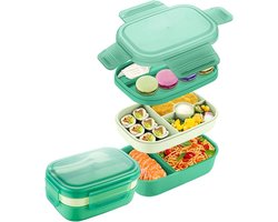 Lunchbox-lunchbox kinderen-lunchbox volwassenen-stapelbare Bento Lunchbox - 3-laags stapelbare Bento Lunchbox - Volwassenen en kinderen, Ingebouwde bestekset, Lekvrije Bento Lunchbox - Perfect om uit eten te gaan, op het werk - groen geel