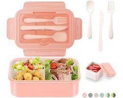 Lunchbox met 3 vakken en bestek - 1400 ml - Magnetron- en vaatwasserbestendig - Roze - Voor school, werk, picknick en reizen