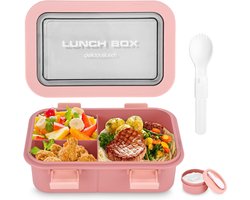 Lunchbox met 3 vakken en losse soepkom – Roze – Bento box voor volwassenen en kinderen – lekvrije maaltijd box van voedselveilig PP – geschikt voor magnetron, koelkast en vaatwasser – inclusief opvouwbaar bestek – broodtrommel to go
