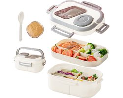 Lunchbox met sausbox ‌en bestek‌, Lekvrij Bento Box 1200ml voor Diepvries, Vaatwasser & Magnetronbestendig, met Silicone Afdichtring, Dubbele Laag met 6 Vakken Voor volwassenen en kinderen‌, ‌Wit-21*14.5*8.6cm