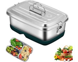 Lunchbox - Roestvrij staal - 2000 ml - 22 × 15,5 × 9 cm - Bento Box - Lekvrij - Met vakverdeling - BPA-vrij - Geschikt voor volwassenen en kinderen - Zilver