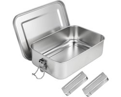 Lunchbox Roestvrij Staal - Broodtrommel Duurzaam - Maaltijden Meenemen - Met Scheidingswanden - 1400 ml Inhoud - Zilverkleurig