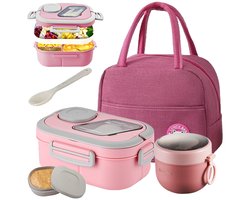 Lunchbox Set 1200+600ml voor Vaatwasser & Magnetronbestendig - Yoghurt en Muesli beker to go - broodtrommel met sausbox ‌en bestek‌ - Lunchpot met Isolerende Draagtas -Bento box voor volwassenen en kinderen‌ - Voor Werk, School, Picnic - Roze