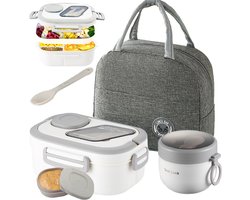 Lunchbox Set 1200+600ml voor Vaatwasser & Magnetronbestendig - Yoghurt en Muesli beker to go - broodtrommel met sausbox ‌en bestek‌ - Lunchpot met Isolerende Draagtas -Bento box voor volwassenen en kinderen‌ - Voor Werk, School, Picnic - Wit