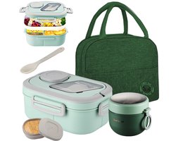 Lunchbox Set 1200+600ml voor Vaatwasser & Magnetronbestendig - Yoghurt en Muesli beker to go - broodtrommel met sausbox ‌en bestek‌ - Lunchpot met Isolerende Draagtas -Bento box voor volwassenen en kinderen‌ - Voor Werk, School, Picnic - Groen