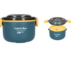 Lunchbox - Vershouddoos - RVS vershoudbakjes - Lucht- en waterdicht - Voor warm en koud eten - Inhoud van 1L - Groot formaat - Met deksels en lepel! - Blauw/Geel