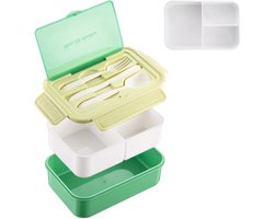 Lunchbox voor volwassenen - 1400 ml - met 3 compartimenten voor kinderen - inclusief servies - magnetron- en vaatwasserbestendig - geweldige lunchbox voor school - werk - picknick - reizen - Groen