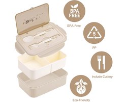 Lunchbox voor volwassenen en kinderen, 1400 ml, met 3 vakken, incl. bestek, de snackbox is geschikt voor magnetrons en vaatwassers, voor school, werk, picknick en op reis (kaki)
