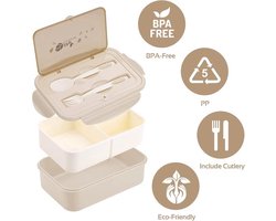Lunchbox voor volwassenen en kinderen, 1400 ml, met 3 vakken, incl. bestek, de snackbox is geschikt voor magnetrons en vaatwassers, voor school, werk, picknick en op reis (kaki)