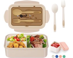 Lunchbox voor volwassenen en kinderen, Bento Box, broodtrommel, 1400 ml, met 3 vakken, incl. bestek, de snackbox is geschikt voor magnetrons en vaatwassers, voor school, werk, picknick en op reis, kaki + sausbakje