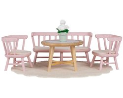 Lundby Set Eettafel met 4 zitplaatsen (roze/hout).