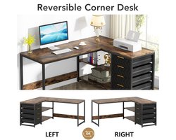 Lunekiss L‑vormig industrieel computerbureau met 4 lades en planken – 150×110×75 cm Chocolade home office