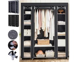 Lunekiss Stoffen Kledingkast met 12 Vakken en Hanggedeelte – Opvouwbare Kast met Rek – 150×45×175 cm – Zwart