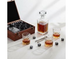 Lunero Whiskey Karaf Set – Complete Whiskey Decanter Set met 4 Glazen, 8 Whiskey Stones, Leren Onderzetters & Gegraveerde Houten Geschenkbox – Premium Cadeau
