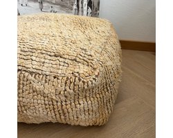 lUnlimited Living - Poef / Vloerkussen - Marokkaans - Boujaad - Gevuld - Handgemaakt - 60x60 cm - Lichtgeel/off white met bruine details