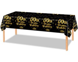 LUQ - Luxe Tafelkleed 50 Jaar Zwart Goud Verjaardag Versiering Tafelloper Plastic Tafelzeil Feest Tafellaken Xl Formaat